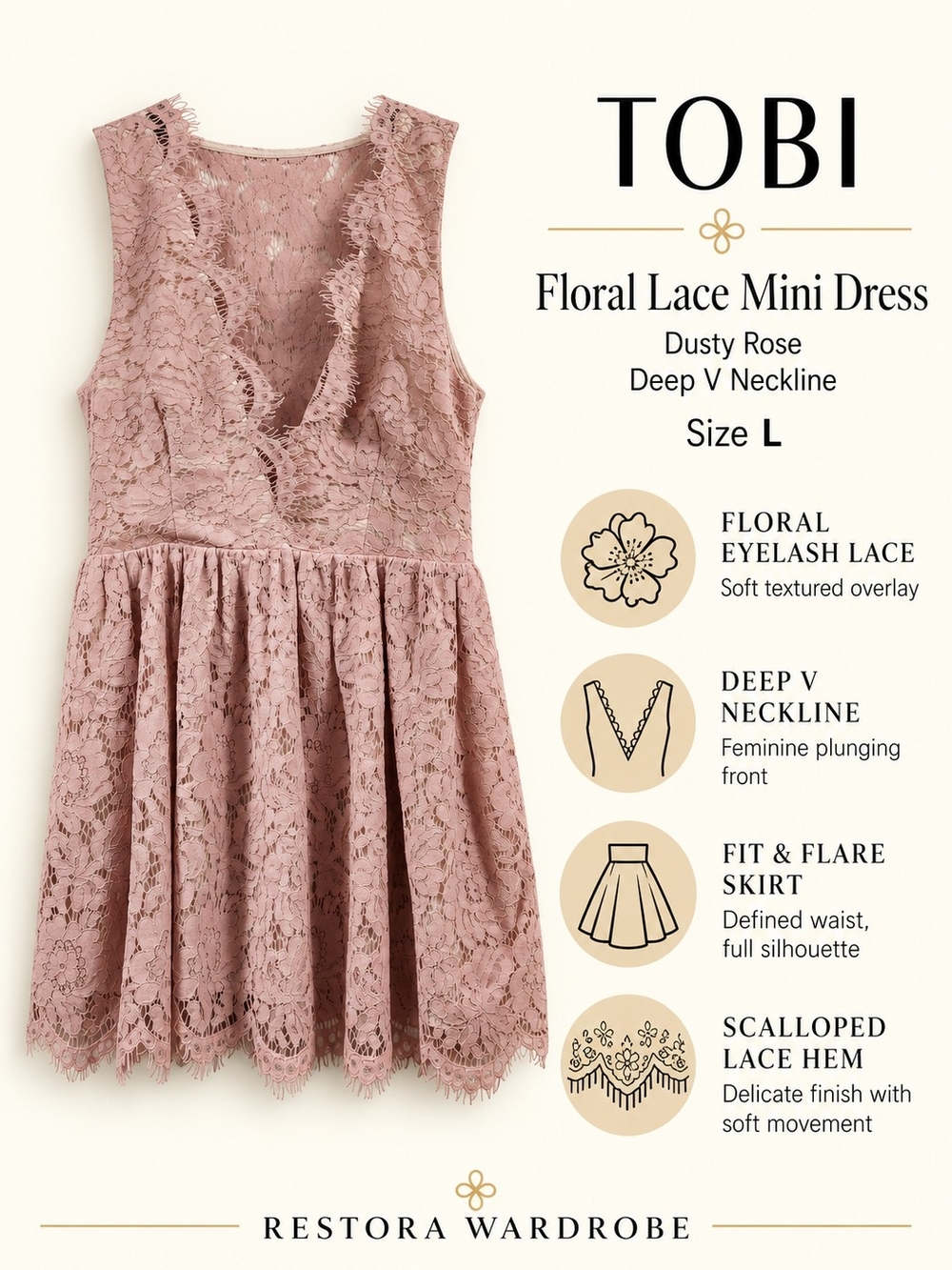 Tobi Mini Dress Dusty Rose Floral Lace Deep V Skater Coquette Size L